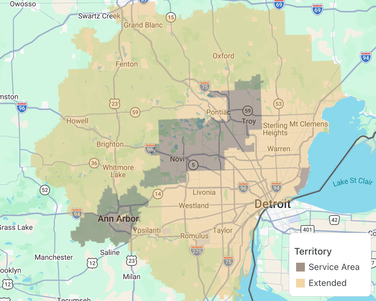 Map of Bloom Veterinary service area across Metro Detroit